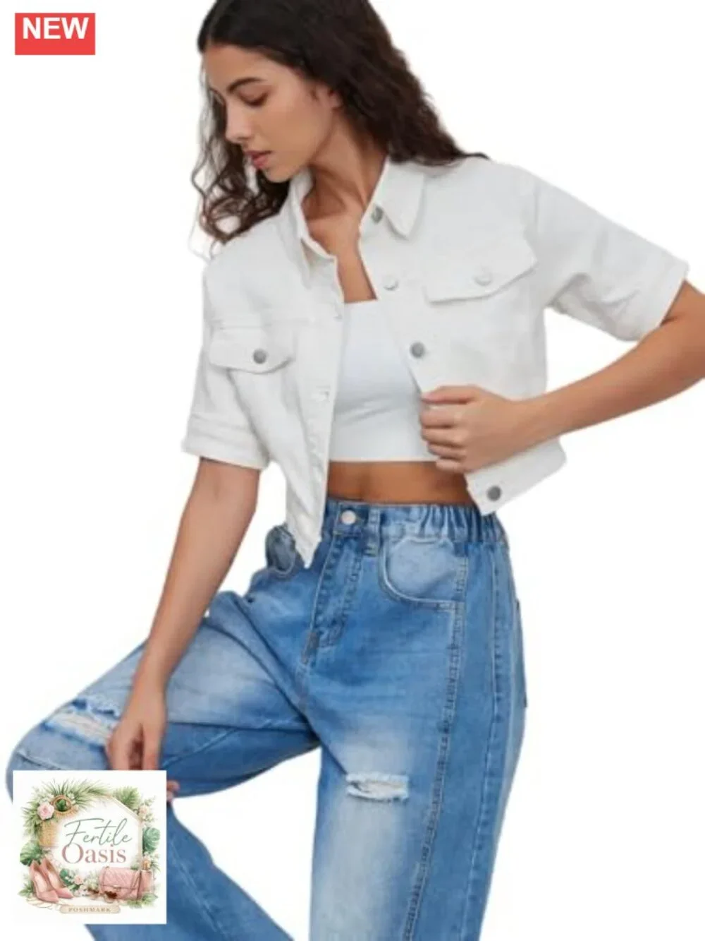 Women Cropped Denim Jacket Short Sleeve Button Down Trucker Jean Coat